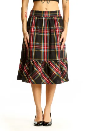 Black Plaid Cotton Midi Skirt