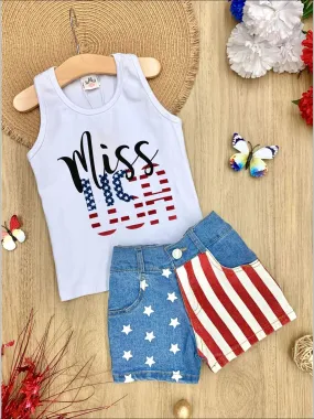 Girls 4th of July Themed "Miss USA" Tank And American Flag Denim Shorts