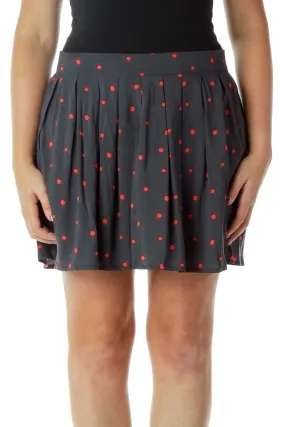 Gray Red Dots Print Flared Mini Skirt