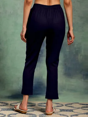 Navy Blue Solid Cotton Straight Fit Trousers