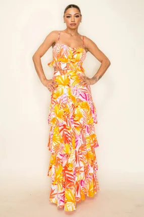 Printed Poly Challi Multi Tiered Maxi Skirt Set Orange