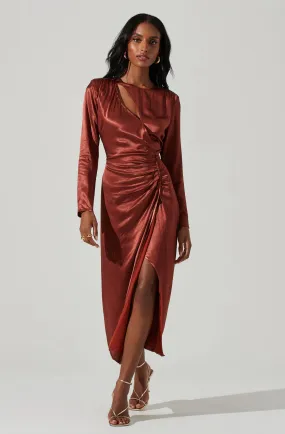 Rust Mariposa Satin Ruched Midi Dress